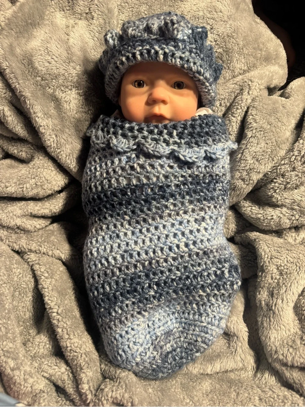 Handmade Crochet Baby Swaddle Sack and Hat Set in Blue Ombre